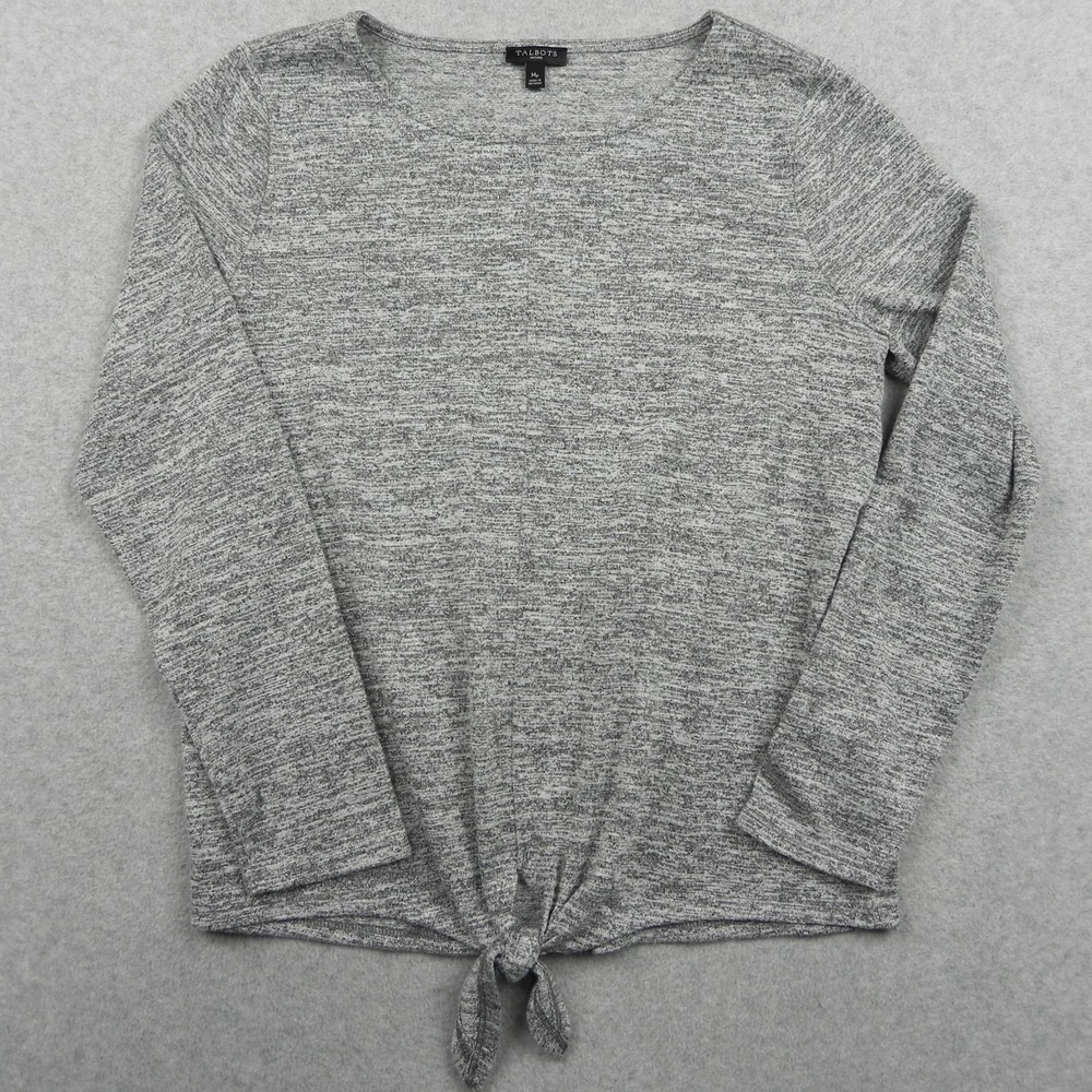 Talbots Sweater Womens Medium Petite Tie Waist Knit Metallic Gray Long Sleeve